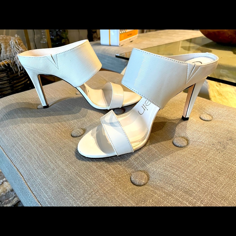 Calvin Klein white patent open toe heels stiletto